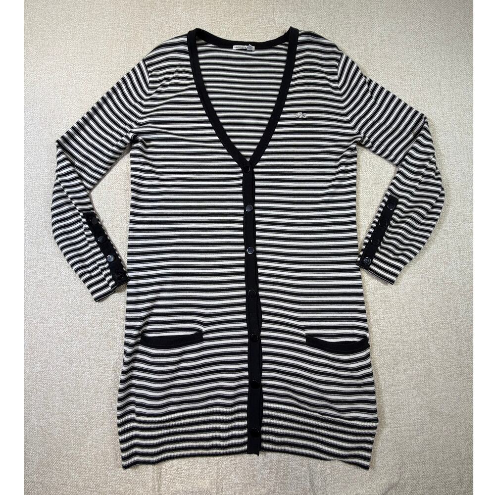 Lacoste Women M Black White Striped Button Front Cardigan College Sweater